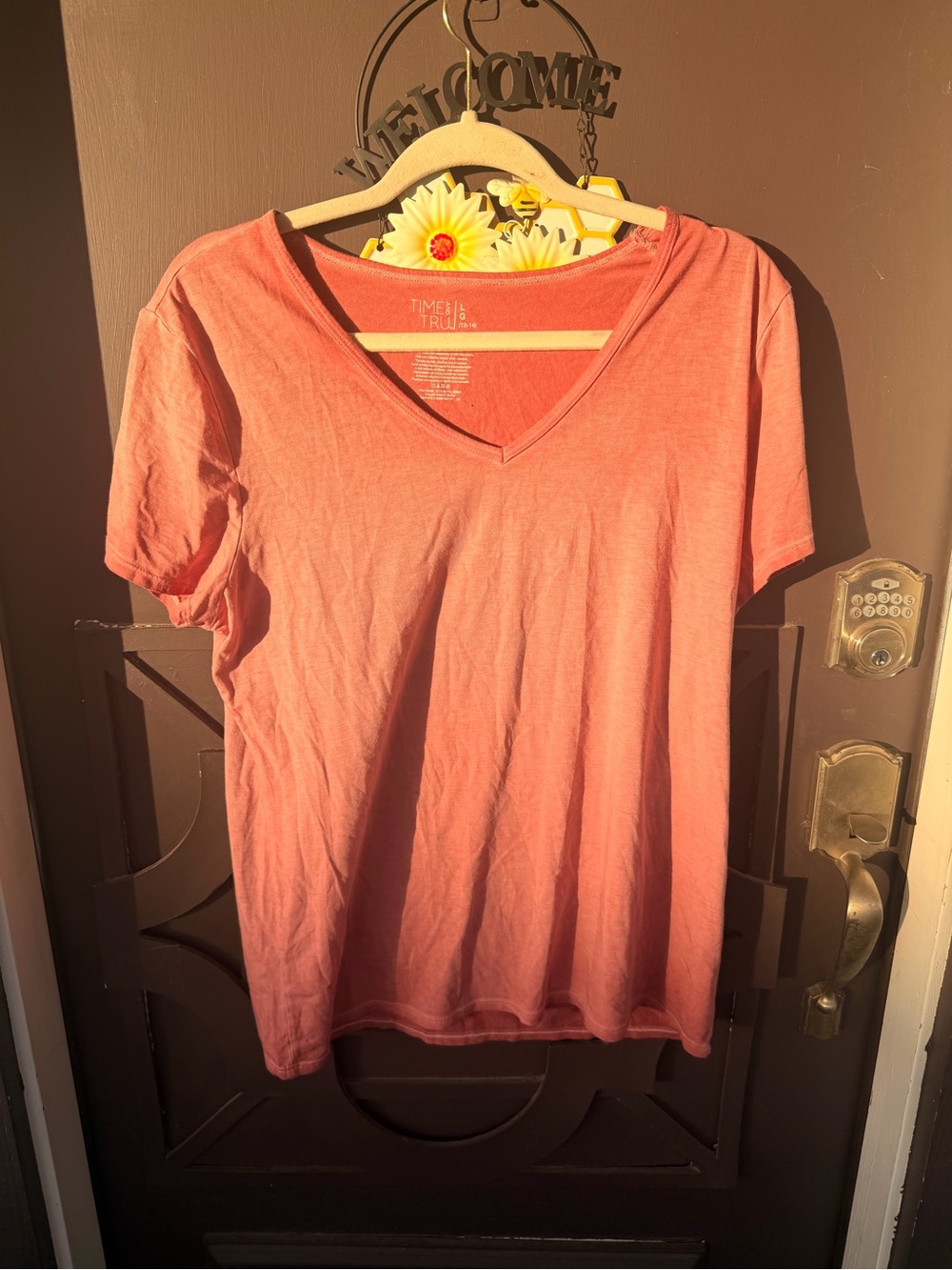 Time and Tru Coral V-Neck Short Sleeve Tee